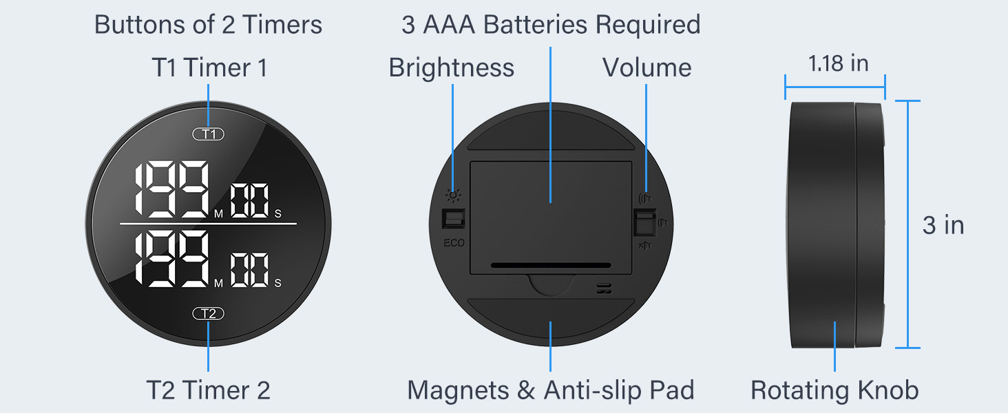 Dual Digital Kitchen Timer for Cooking, 199 Minutes Countdown & Stopwatch, Productivity Timer for Fridge, Big Digits, High-Definition Display, Rotary Adjustment, 3 Volumes, 2 Brightness Levels, Black