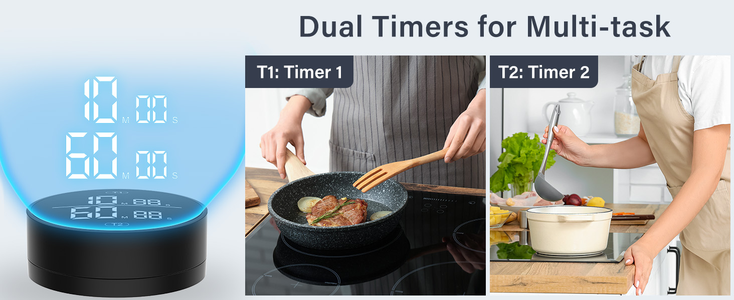 Dual Digital Kitchen Timer for Cooking, 199 Minutes Countdown & Stopwatch, Productivity Timer for Fridge, Big Digits, High-Definition Display, Rotary Adjustment, 3 Volumes, 2 Brightness Levels, Black