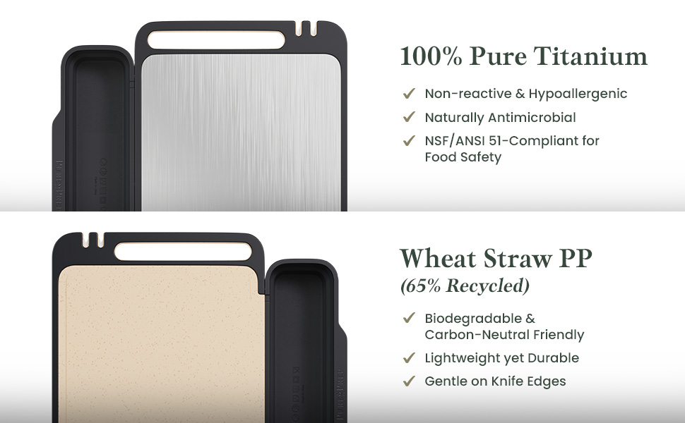 PURE-PREP Titanium Cutting Boards for Kitchen - Titanium Cutting Board Set for Kitchen Use - Metal Chopping Board with Collapsible Catch, Grater, Knife Sharpener, Double-Sided Design - Large 16”x11”
