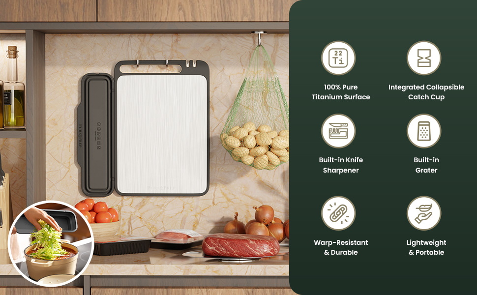 PURE-PREP Titanium Cutting Boards for Kitchen - Titanium Cutting Board Set for Kitchen Use - Metal Chopping Board with Collapsible Catch, Grater, Knife Sharpener, Double-Sided Design - Large 16”x11”