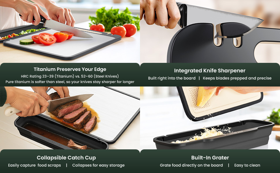 PURE-PREP Titanium Cutting Boards for Kitchen - Titanium Cutting Board Set for Kitchen Use - Metal Chopping Board with Collapsible Catch, Grater, Knife Sharpener, Double-Sided Design - Large 16”x11”