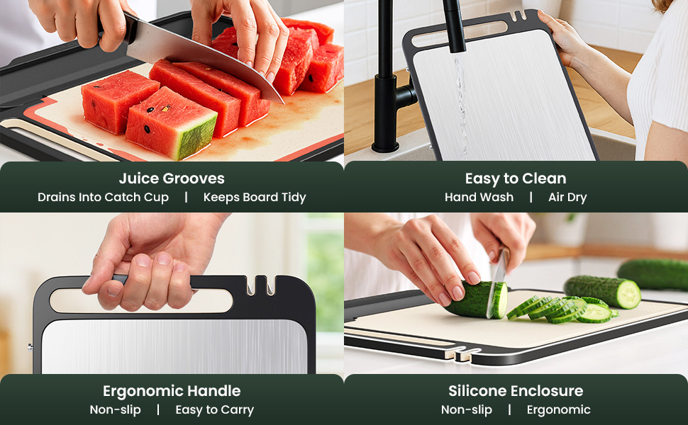 PURE-PREP Titanium Cutting Boards for Kitchen - Titanium Cutting Board Set for Kitchen Use - Metal Chopping Board with Collapsible Catch, Grater, Knife Sharpener, Double-Sided Design - Large 16”x11”