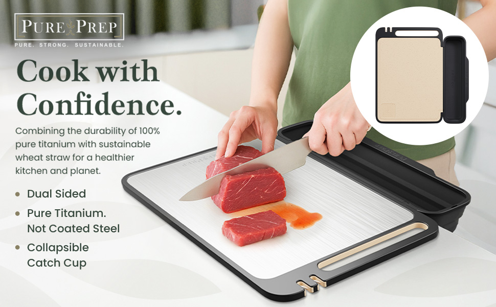 PURE-PREP Titanium Cutting Boards for Kitchen - Titanium Cutting Board Set for Kitchen Use - Metal Chopping Board with Collapsible Catch, Grater, Knife Sharpener, Double-Sided Design - Large 16”x11”