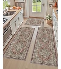 DEXI Kitchen Floor Mats 3 Pieces Non Slip, Washable Runner Rugs Absorbent,Thin Standing Carpet Soft Comfort for Sink Hallway Entryway Laundry Room Boho Decor, Rust