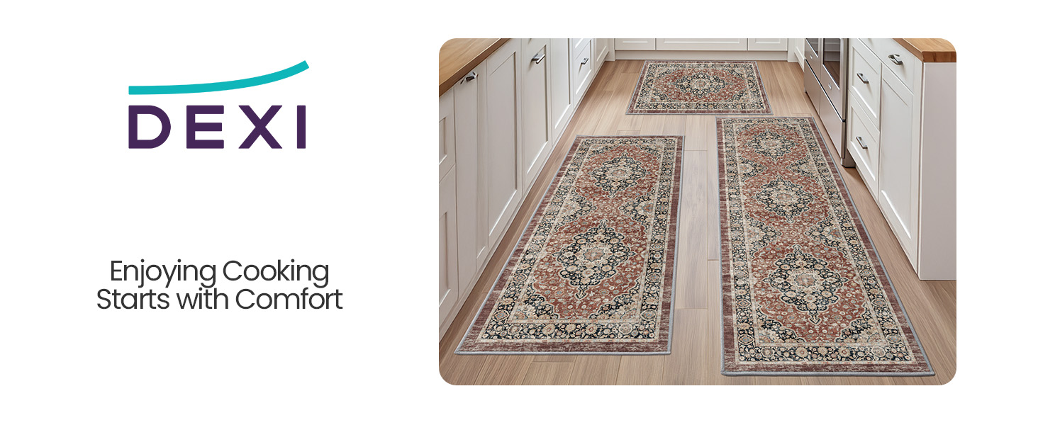 DEXI Kitchen Floor Mats 3 Pieces Non Slip, Washable Runner Rugs Absorbent,Thin Standing Carpet Soft Comfort for Sink Hallway Entryway Laundry Room Boho Decor, Rust