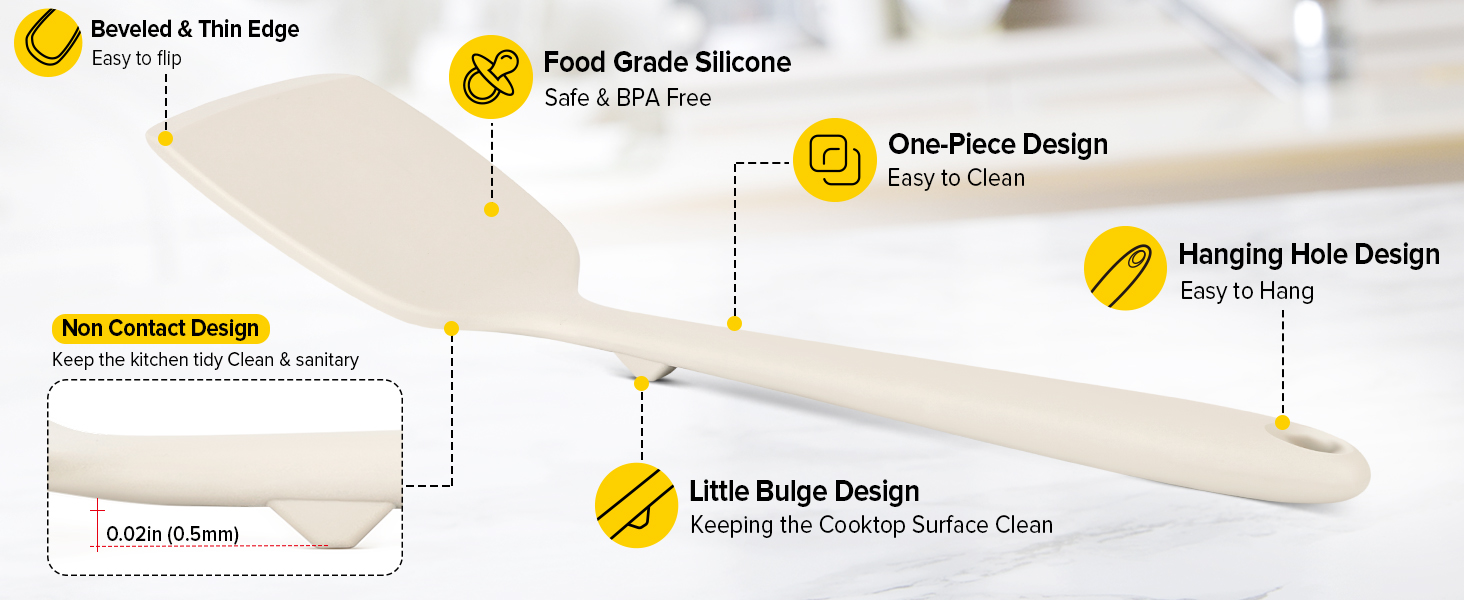 Pack of 2 Silicone Spatula Turners, Non Stick Slotted Kitchen Spatula Set, Heat Resistant BPA Free Kitchen Utensils, One-Piece Design, Suitable for Flipping Fish, Eggs, Steak, Pancakes(KHAKI)