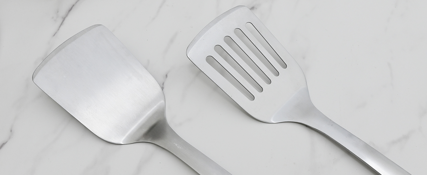 14.5-in Stainless Steel Spatula Set, 18/0 SS Heavy Duty Turner & Slotted Spatula for Kitchen Use, Cast Iron Grilling Frying, Pack of 2