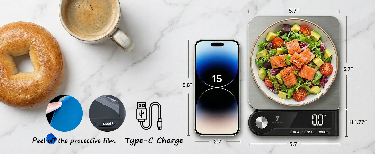 11lb Digital Kitchen Food Scale with Pull Out Display & Meat Thermometer, 0.1g Precision Wireless Scale for Baking, 304 Stainless Steel, LED Screen, 5 Units, USB Rechargeable