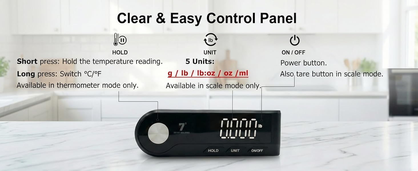 11lb Digital Kitchen Food Scale with Pull Out Display & Meat Thermometer, 0.1g Precision Wireless Scale for Baking, 304 Stainless Steel, LED Screen, 5 Units, USB Rechargeable