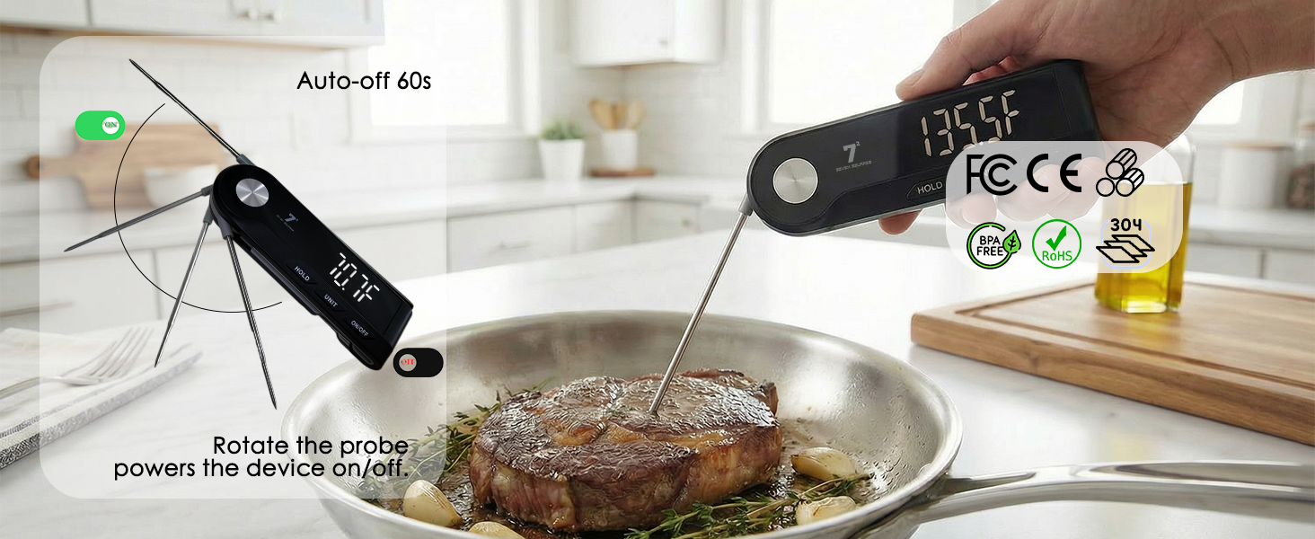 11lb Digital Kitchen Food Scale with Pull Out Display & Meat Thermometer, 0.1g Precision Wireless Scale for Baking, 304 Stainless Steel, LED Screen, 5 Units, USB Rechargeable