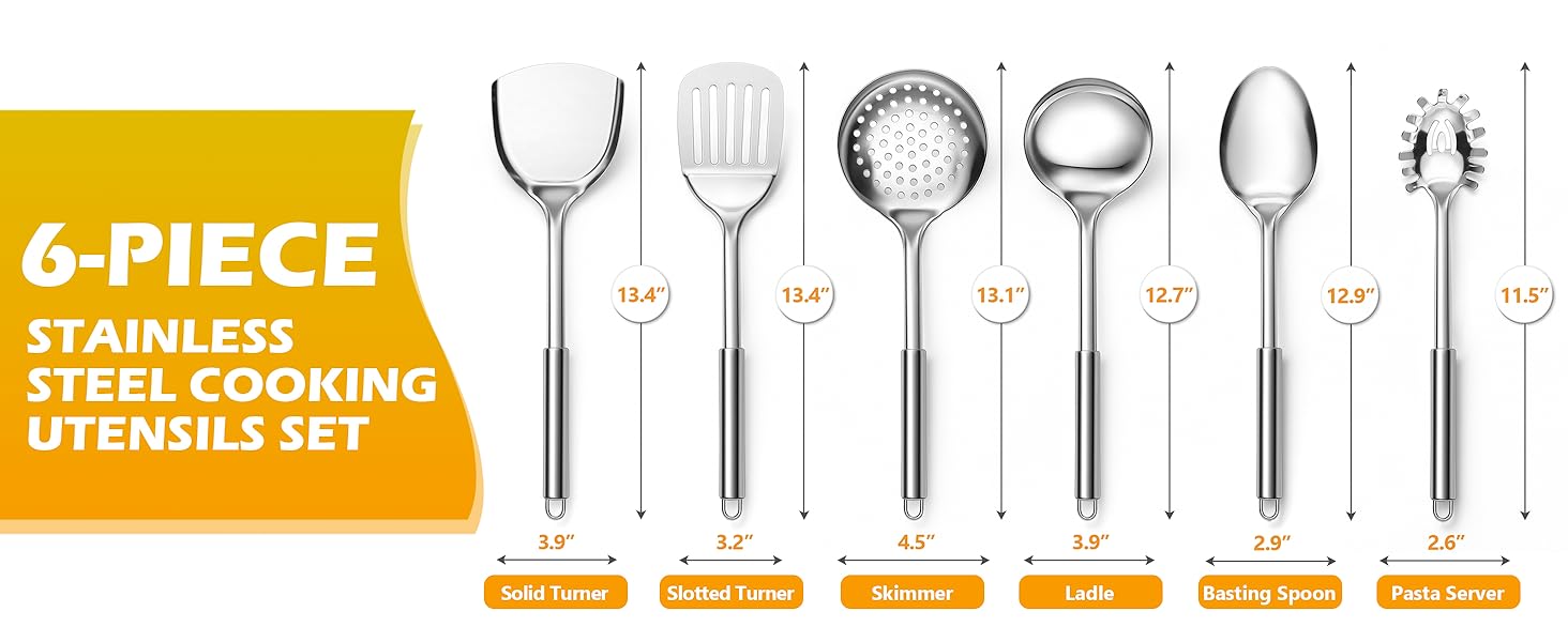 E-far 6-Piece Cooking Utensils Set, Stainless Steel Kitchen Utensils, Metal Heat Resistant Kitchen Tools Set Including Spoon, Soup Ladle, Slotted/Solid Turner, Skimmer, Pasta Server, Dishwasher Safe