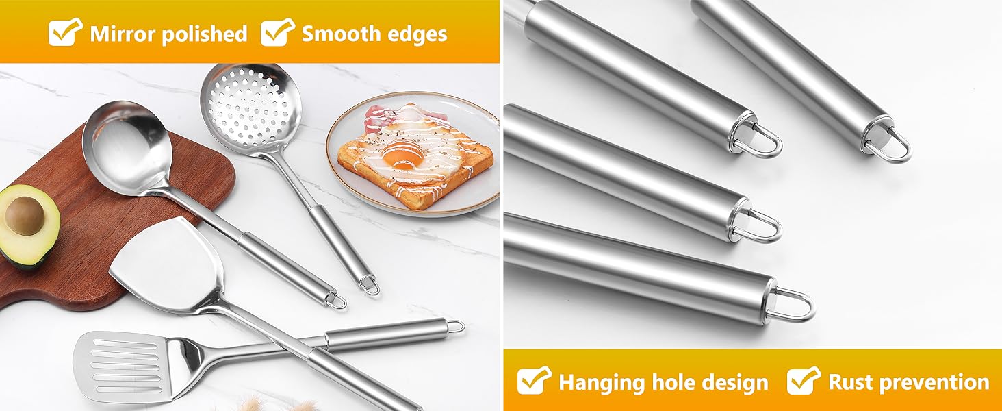 E-far 6-Piece Cooking Utensils Set, Stainless Steel Kitchen Utensils, Metal Heat Resistant Kitchen Tools Set Including Spoon, Soup Ladle, Slotted/Solid Turner, Skimmer, Pasta Server, Dishwasher Safe