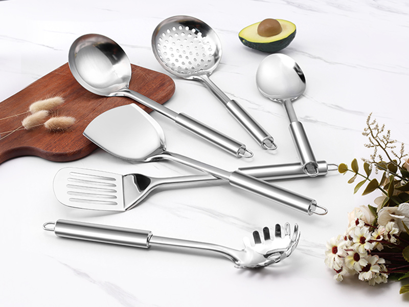 E-far 6-Piece Cooking Utensils Set, Stainless Steel Kitchen Utensils, Metal Heat Resistant Kitchen Tools Set Including Spoon, Soup Ladle, Slotted/Solid Turner, Skimmer, Pasta Server, Dishwasher Safe