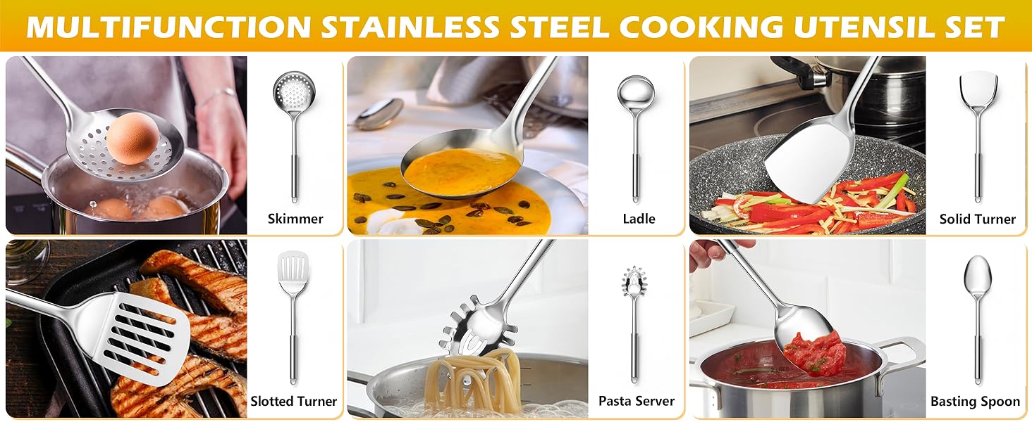 E-far 6-Piece Cooking Utensils Set, Stainless Steel Kitchen Utensils, Metal Heat Resistant Kitchen Tools Set Including Spoon, Soup Ladle, Slotted/Solid Turner, Skimmer, Pasta Server, Dishwasher Safe