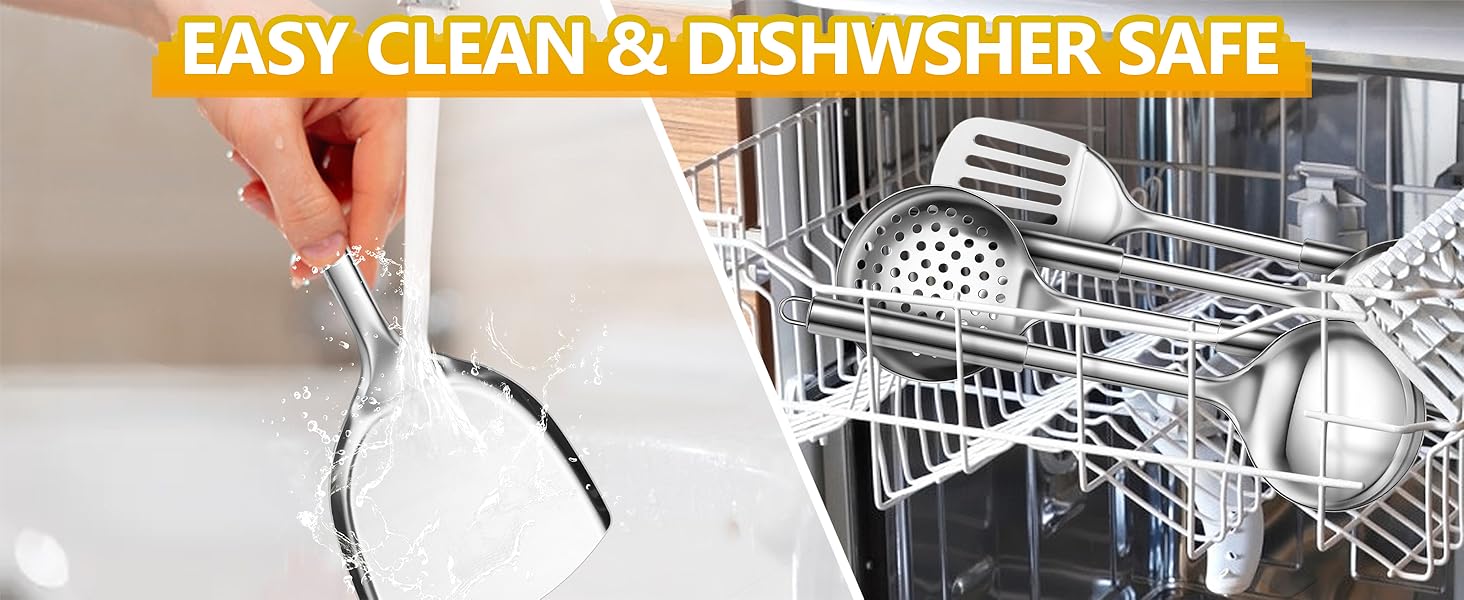 E-far 6-Piece Cooking Utensils Set, Stainless Steel Kitchen Utensils, Metal Heat Resistant Kitchen Tools Set Including Spoon, Soup Ladle, Slotted/Solid Turner, Skimmer, Pasta Server, Dishwasher Safe