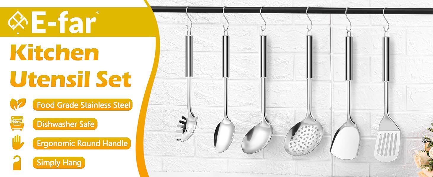 E-far 6-Piece Cooking Utensils Set, Stainless Steel Kitchen Utensils, Metal Heat Resistant Kitchen Tools Set Including Spoon, Soup Ladle, Slotted/Solid Turner, Skimmer, Pasta Server, Dishwasher Safe