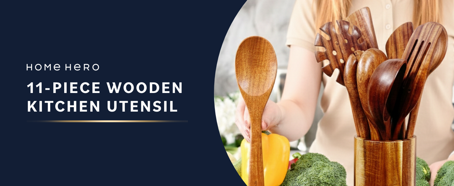 Home Hero Wooden Utensil Set 11 Pcs – Natural Teak Wooden Kitchen Utensils Set with Sturdy, Easy-to-Clean Wooden Spoons for Cooking – Non-Scratch Teak Cooking Utensils (11 pcs)