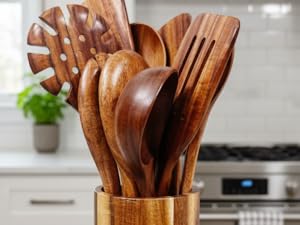 Home Hero Wooden Utensil Set 11 Pcs – Natural Teak Wooden Kitchen Utensils Set with Sturdy, Easy-to-Clean Wooden Spoons for Cooking – Non-Scratch Teak Cooking Utensils (11 pcs)