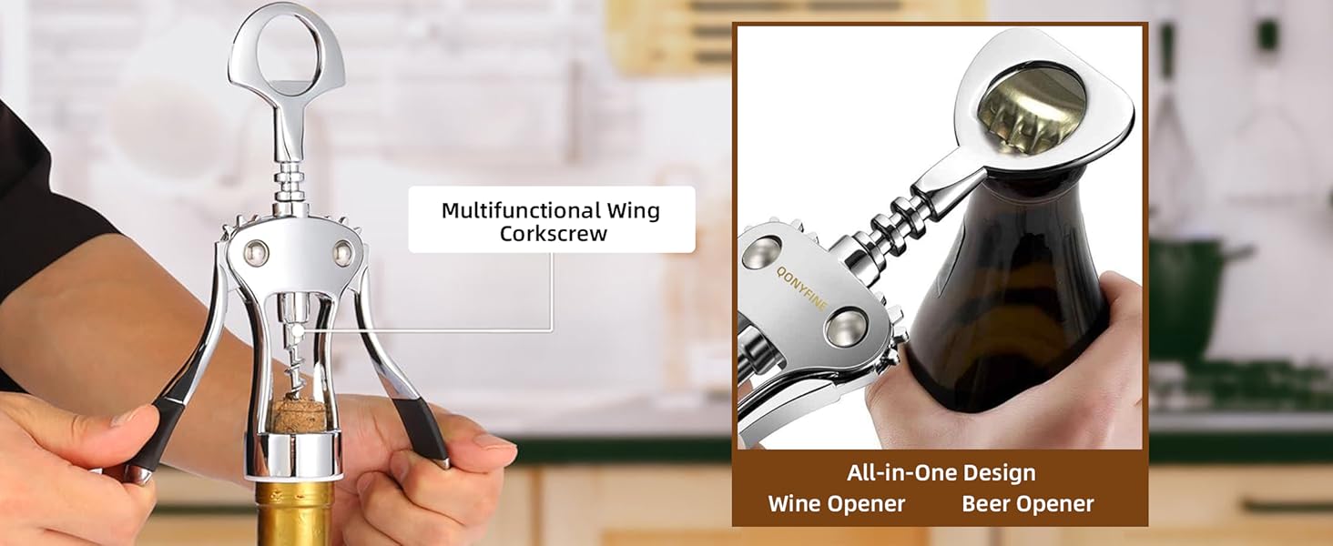 Wing Corkscrew Wine Opener, Premium Zinc Alloy Manual Bottle Opener, Heavy Duty Multifunctional Tool for Kitchen, Bar, Restaurant & Waiters (Silver)