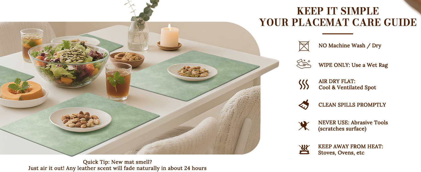 Roxifina Faux Leather Placemats Set of 6 - Vinyl Placemats Wipeable Waterproof Oil-Proof PU Place Mats Heat Resistant Reversible Table Mats for Dining, Kitchen, Outdoor, 12 x 17 Inch (Green)