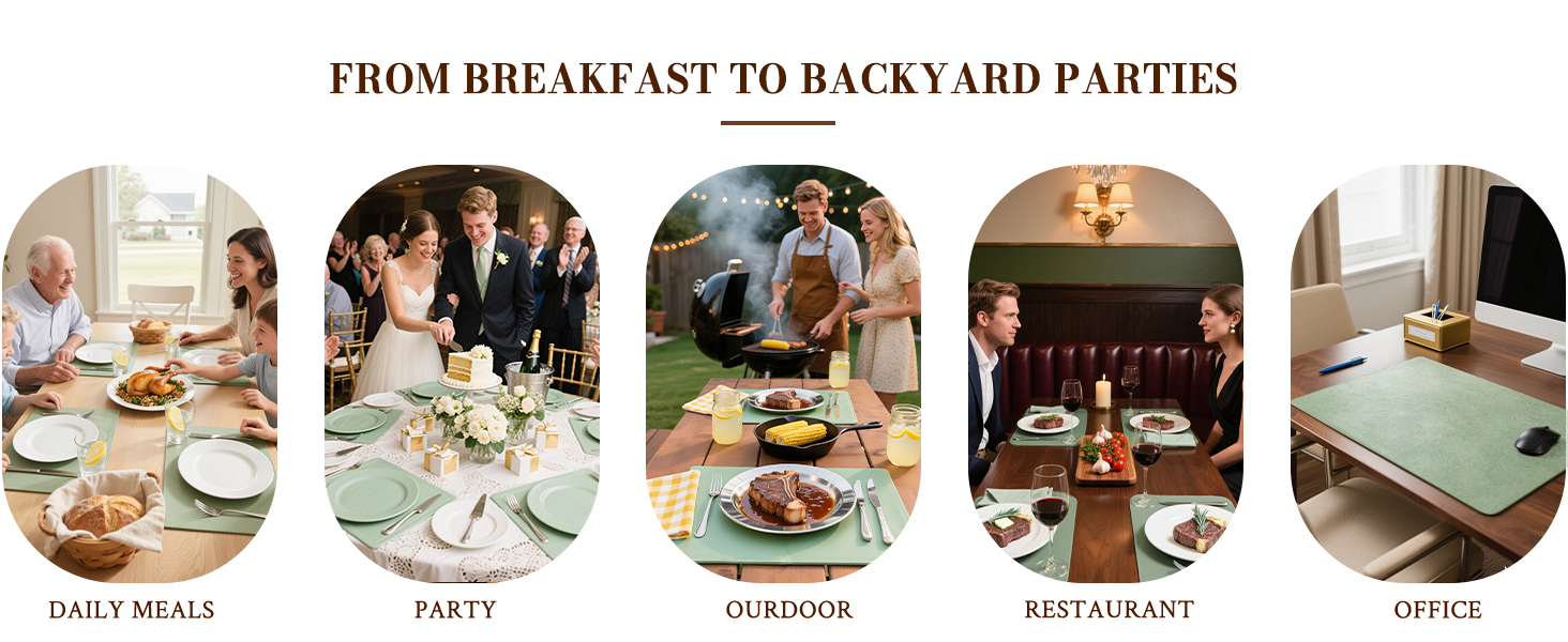 Roxifina Faux Leather Placemats Set of 6 - Vinyl Placemats Wipeable Waterproof Oil-Proof PU Place Mats Heat Resistant Reversible Table Mats for Dining, Kitchen, Outdoor, 12 x 17 Inch (Green)