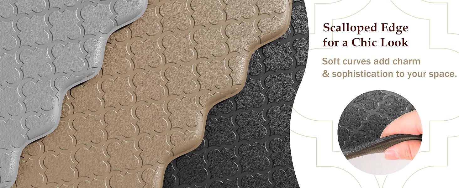 Upgrade Scalloped Embossed Kitchen Mats for Floor 2PCS Cushioned Anti Fatigue Waterproof Foam Kitchen Rugs Non Slip Washable Comfort Standing Mat for Office Sink Laundry, Black