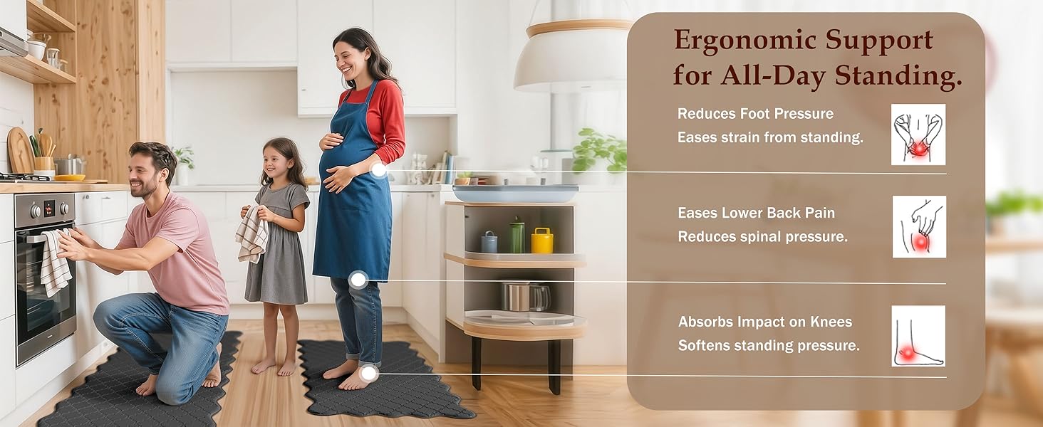 Upgrade Scalloped Embossed Kitchen Mats for Floor 2PCS Cushioned Anti Fatigue Waterproof Foam Kitchen Rugs Non Slip Washable Comfort Standing Mat for Office Sink Laundry, Black