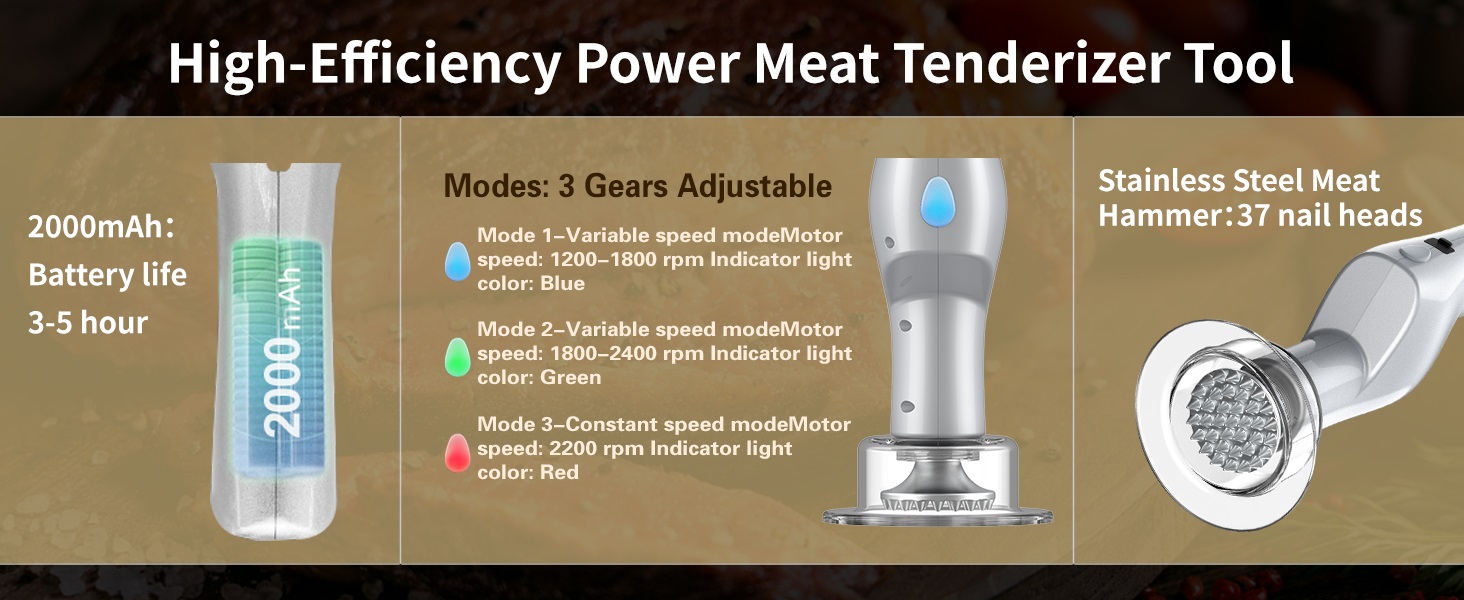 Electric Meat Tenderizer, Handheld Cordless Electric Heavy Duty Meat Tenderizer Hammer, 37 Stainless Steel Sharp Needles Kitchen Tenderizer for Steak, Beef, Chicken Chops, Pork Chops