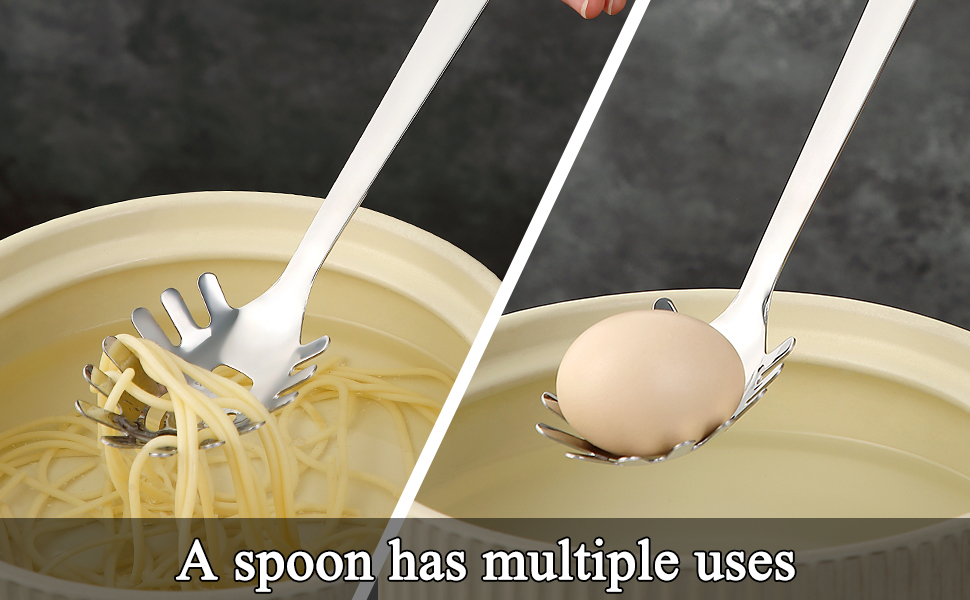 Spaghetti Spoon, ReaNea Pasta Server, Stainless Steel Pasta Spoon with Teeth, One-Piece Metal Pasta Fork, Noddle Fork Kitchen Utensils, Heat Resistant, Dishwasher Safe, Easy to Clean