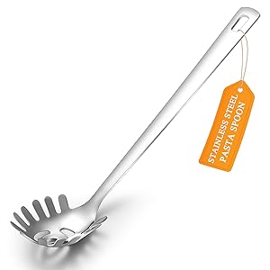 Spaghetti Spoon, ReaNea Pasta Server, Stainless Steel Pasta Spoon with Teeth, One-Piece Metal Pasta Fork, Noddle Fork Kitchen Utensils, Heat Resistant, Dishwasher Safe, Easy to Clean