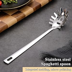 Spaghetti Spoon, ReaNea Pasta Server, Stainless Steel Pasta Spoon with Teeth, One-Piece Metal Pasta Fork, Noddle Fork Kitchen Utensils, Heat Resistant, Dishwasher Safe, Easy to Clean