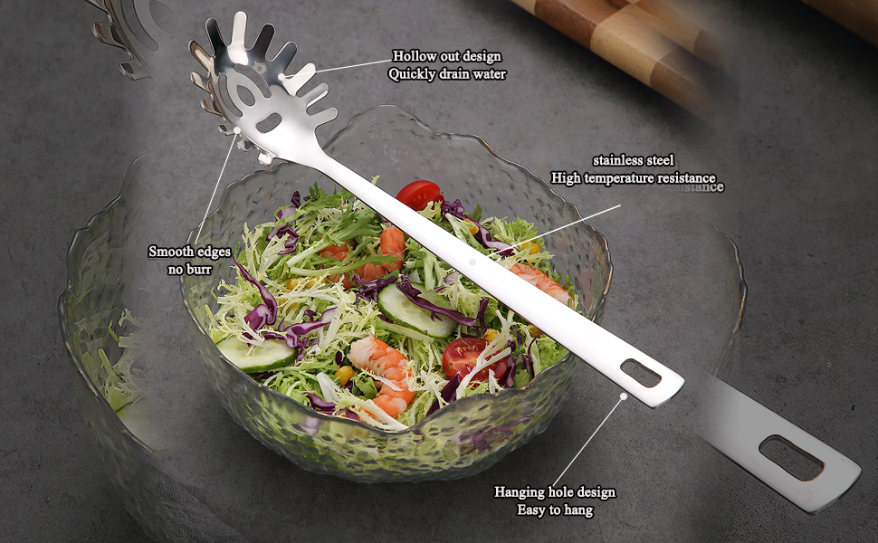 Spaghetti Spoon, ReaNea Pasta Server, Stainless Steel Pasta Spoon with Teeth, One-Piece Metal Pasta Fork, Noddle Fork Kitchen Utensils, Heat Resistant, Dishwasher Safe, Easy to Clean