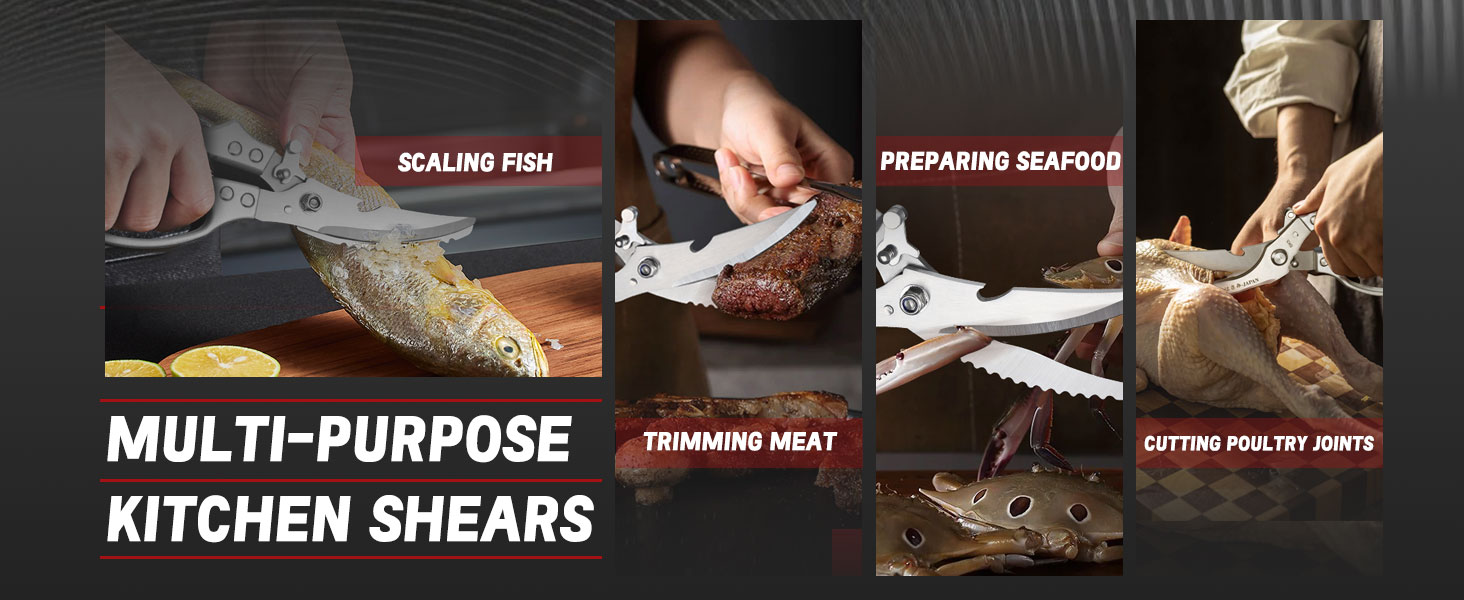 TIVOLI Poultry Shears Silver,Japanese Kitchen Shears Heavy Duty with Non-Slip Handle & Safety Lock,Multifunctional Kitchen Scissors for Chicken, Meat, Turkey, Fish, Vegetables,Ideal Gift