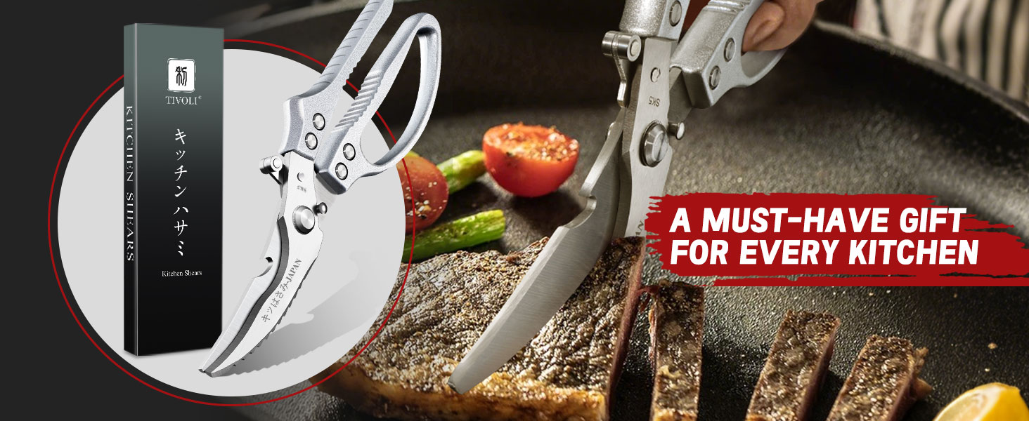 TIVOLI Poultry Shears Silver,Japanese Kitchen Shears Heavy Duty with Non-Slip Handle & Safety Lock,Multifunctional Kitchen Scissors for Chicken, Meat, Turkey, Fish, Vegetables,Ideal Gift