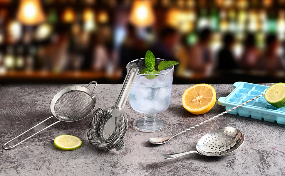 Cocktail Strainer Set – Bar tools Stainless Steel Includes Hawthorne Strainer, Julep & Fine Mesh Cocktail Strainers, Mixing Spoon – Drink Shaker Strainer for Bartending