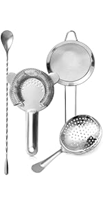 Cocktail Strainer Set – Bar tools Stainless Steel Includes Hawthorne Strainer, Julep & Fine Mesh Cocktail Strainers, Mixing Spoon – Drink Shaker Strainer for Bartending
