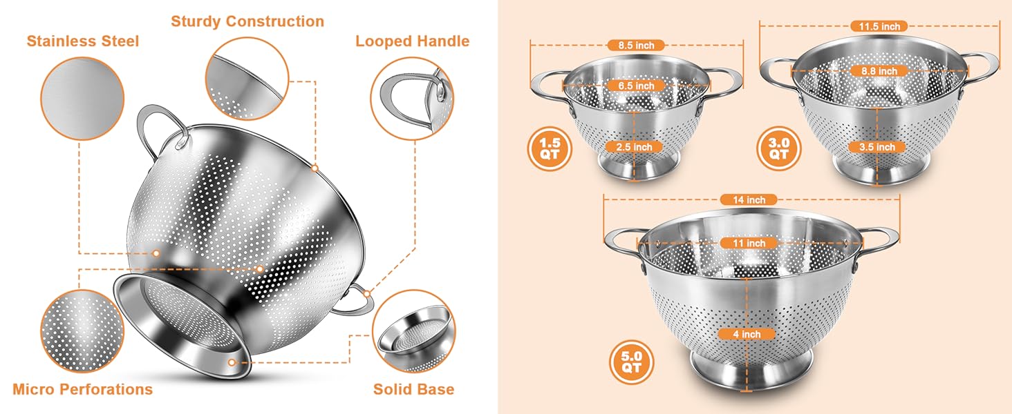 Stainless Steel Colander for Kitchen | 5 Quart Durable Rice and Pasta Strainer with Handle | Oversized Handles | Nesting Design | Rust-Resistant & Dishwasher Safe
