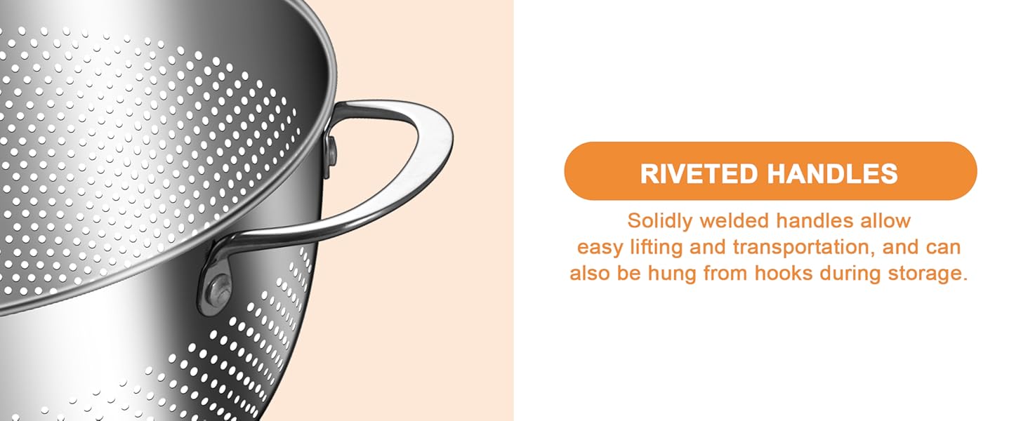 Stainless Steel Colander for Kitchen | 5 Quart Durable Rice and Pasta Strainer with Handle | Oversized Handles | Nesting Design | Rust-Resistant & Dishwasher Safe