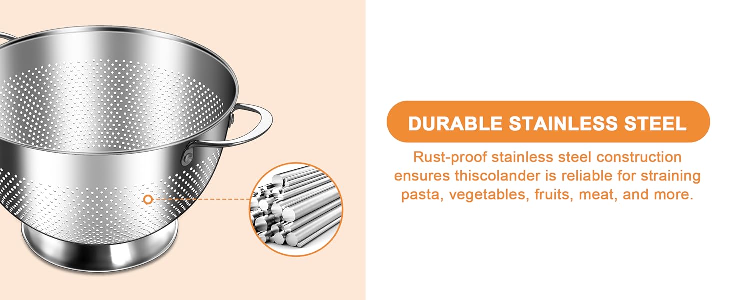 Stainless Steel Colander for Kitchen | 5 Quart Durable Rice and Pasta Strainer with Handle | Oversized Handles | Nesting Design | Rust-Resistant & Dishwasher Safe