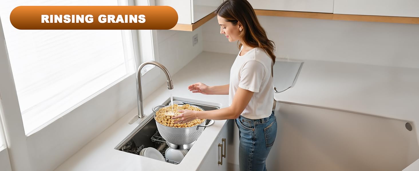 Stainless Steel Colander for Kitchen | 5 Quart Durable Rice and Pasta Strainer with Handle | Oversized Handles | Nesting Design | Rust-Resistant & Dishwasher Safe
