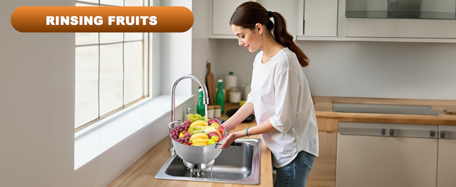 Stainless Steel Colander for Kitchen | 5 Quart Durable Rice and Pasta Strainer with Handle | Oversized Handles | Nesting Design | Rust-Resistant & Dishwasher Safe