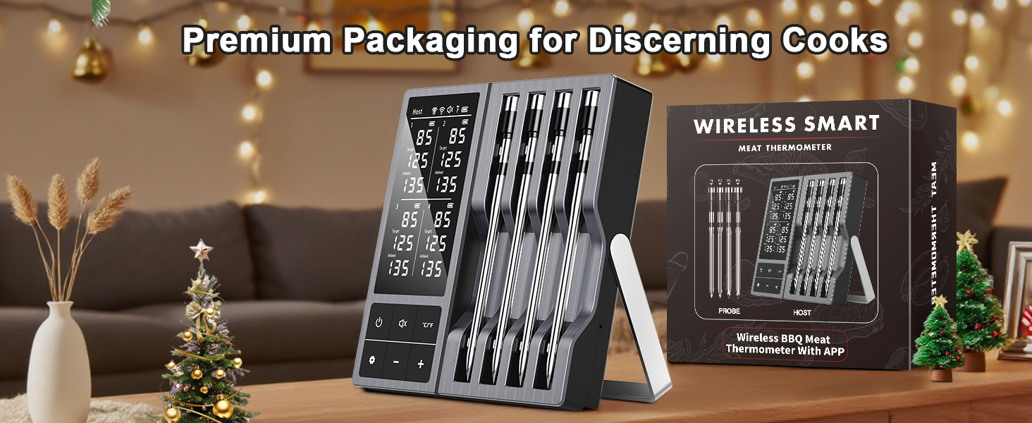 Wireless Meat Thermometer with Smart Timer & APP Alerts, 800ft Bluetooth Grill Food Thermometer, 4 X 0.19In Ultra Thin Probes, ±0.5℉ Accuracy, Big Digital Backlit Screen, for BBQ, Oven, Smoker