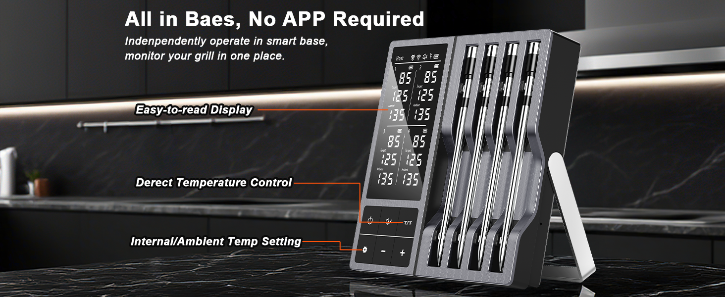 Wireless Meat Thermometer with Smart Timer & APP Alerts, 800ft Bluetooth Grill Food Thermometer, 4 X 0.19In Ultra Thin Probes, ±0.5℉ Accuracy, Big Digital Backlit Screen, for BBQ, Oven, Smoker