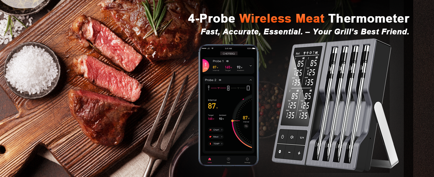 Wireless Meat Thermometer with Smart Timer & APP Alerts, 800ft Bluetooth Grill Food Thermometer, 4 X 0.19In Ultra Thin Probes, ±0.5℉ Accuracy, Big Digital Backlit Screen, for BBQ, Oven, Smoker