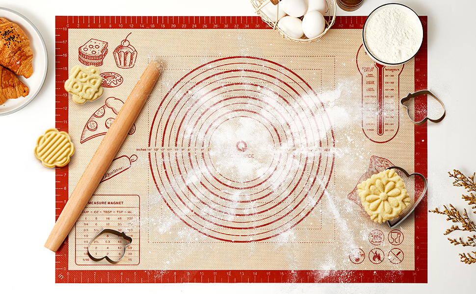 Silicone Baking Pastry Dough Mat - 26x16Inch Extra Large Cookie Bread Rolling Mats Sheet, Nonstick Kitchen Counter Kneading Board, Thick Reusable Pie Cookies Pizza Fondant Making Matt with Measurement