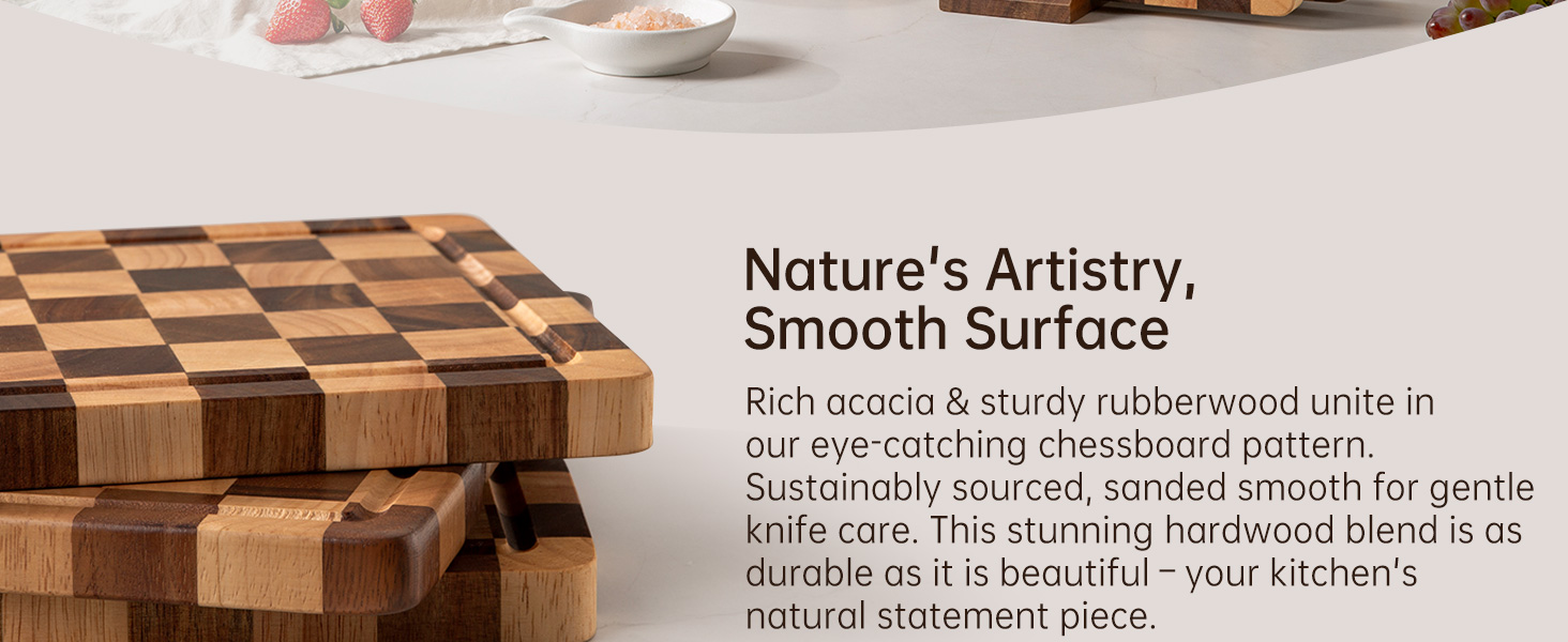 Cutting Board Set, Acacia Wood Checkered Cutting Boards for Kitchen, 3 pcs Chopping Board with Juice Grooves & Handles, Butcher Block Serving Tray for Meat, Vegetables and Fruits with Gift Box