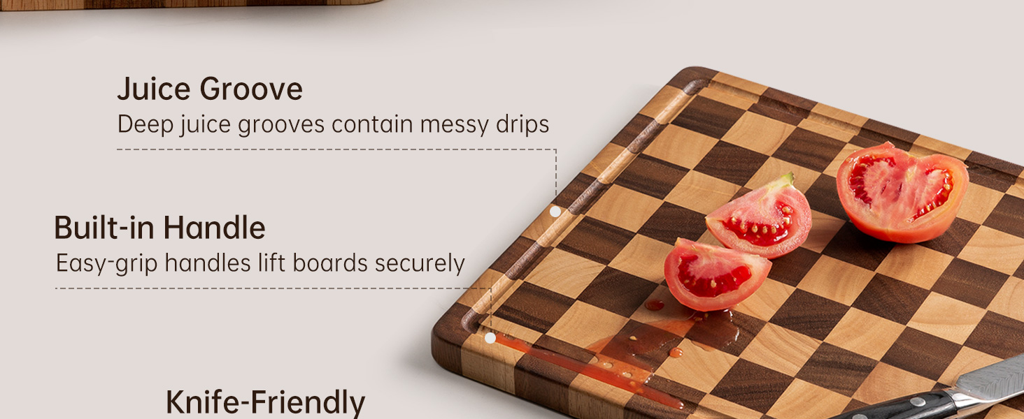Cutting Board Set, Acacia Wood Checkered Cutting Boards for Kitchen, 3 pcs Chopping Board with Juice Grooves & Handles, Butcher Block Serving Tray for Meat, Vegetables and Fruits with Gift Box