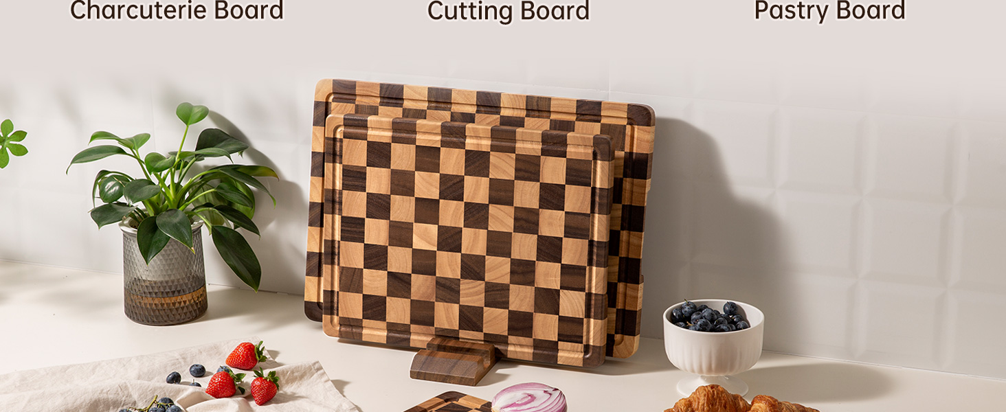 Cutting Board Set, Acacia Wood Checkered Cutting Boards for Kitchen, 3 pcs Chopping Board with Juice Grooves & Handles, Butcher Block Serving Tray for Meat, Vegetables and Fruits with Gift Box