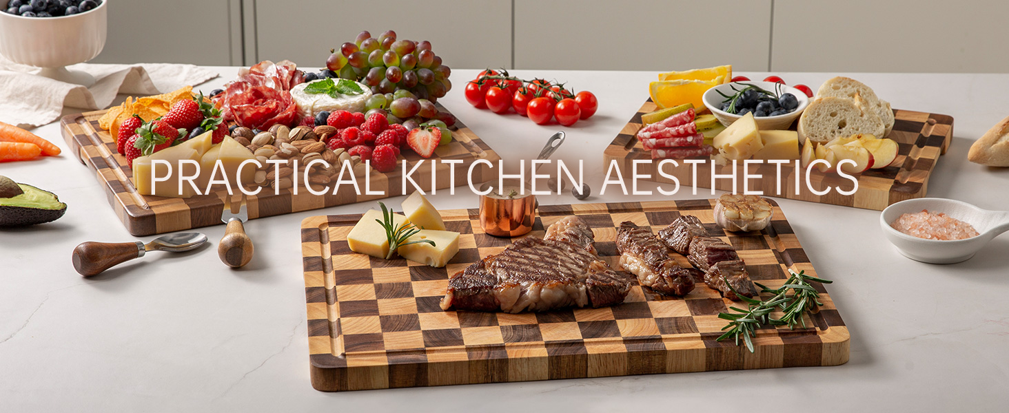 Cutting Board Set, Acacia Wood Checkered Cutting Boards for Kitchen, 3 pcs Chopping Board with Juice Grooves & Handles, Butcher Block Serving Tray for Meat, Vegetables and Fruits with Gift Box