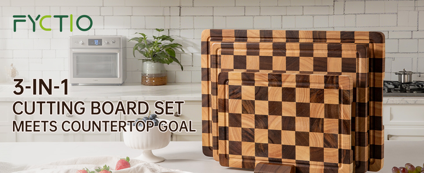 Cutting Board Set, Acacia Wood Checkered Cutting Boards for Kitchen, 3 pcs Chopping Board with Juice Grooves & Handles, Butcher Block Serving Tray for Meat, Vegetables and Fruits with Gift Box